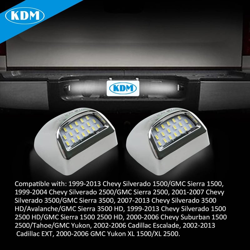 KDM LED License Plate Lights Chromed housing for 1999-2013 Chevy Silverado GMC Sierra 1500 2500 3500 HD Suburban Tahoe Cadillac Escalade EXT Yukon XL, 6000K White Chromed Housing 2pcs pack - Image 3